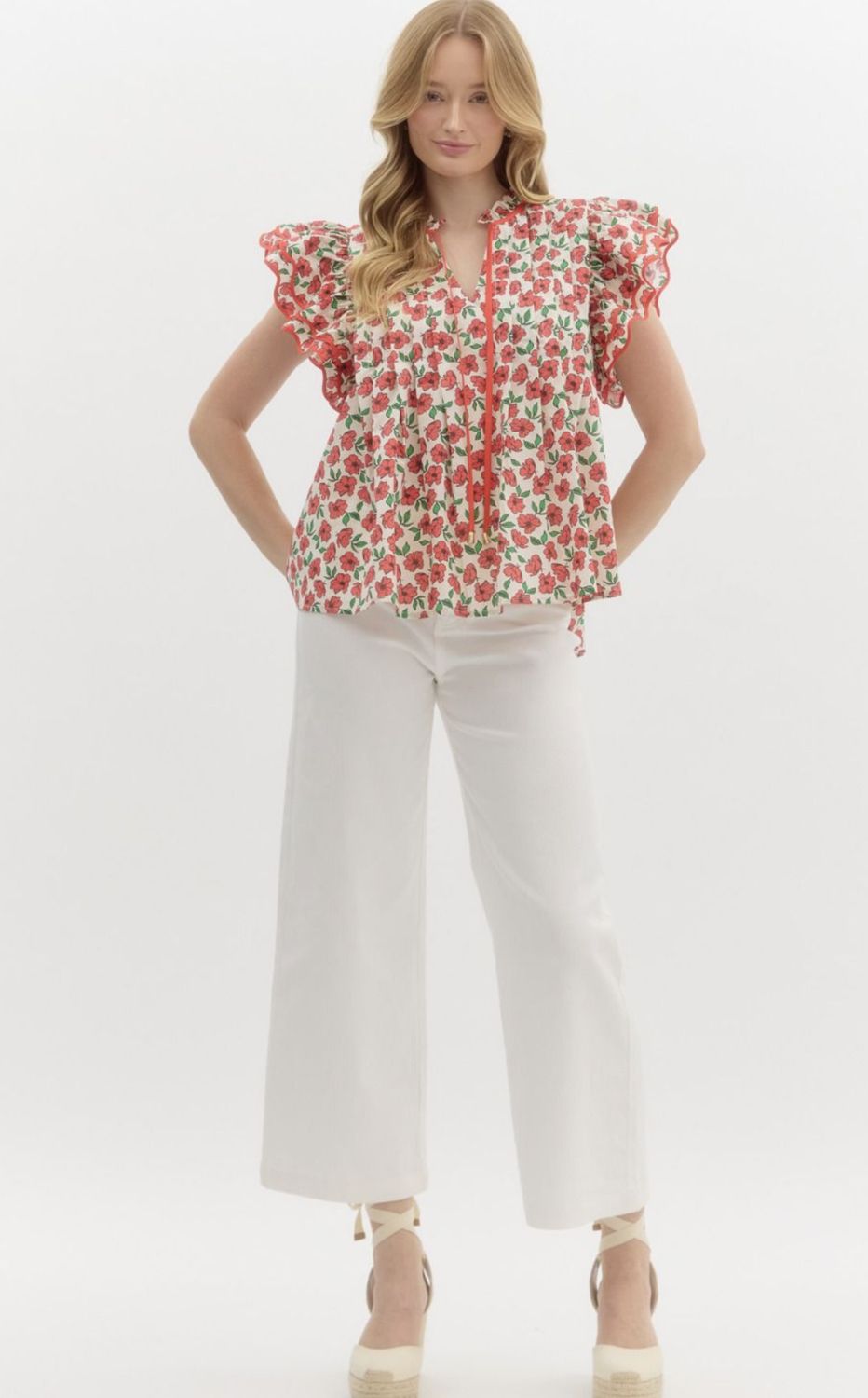 Entro Red Floral Pleated Top
