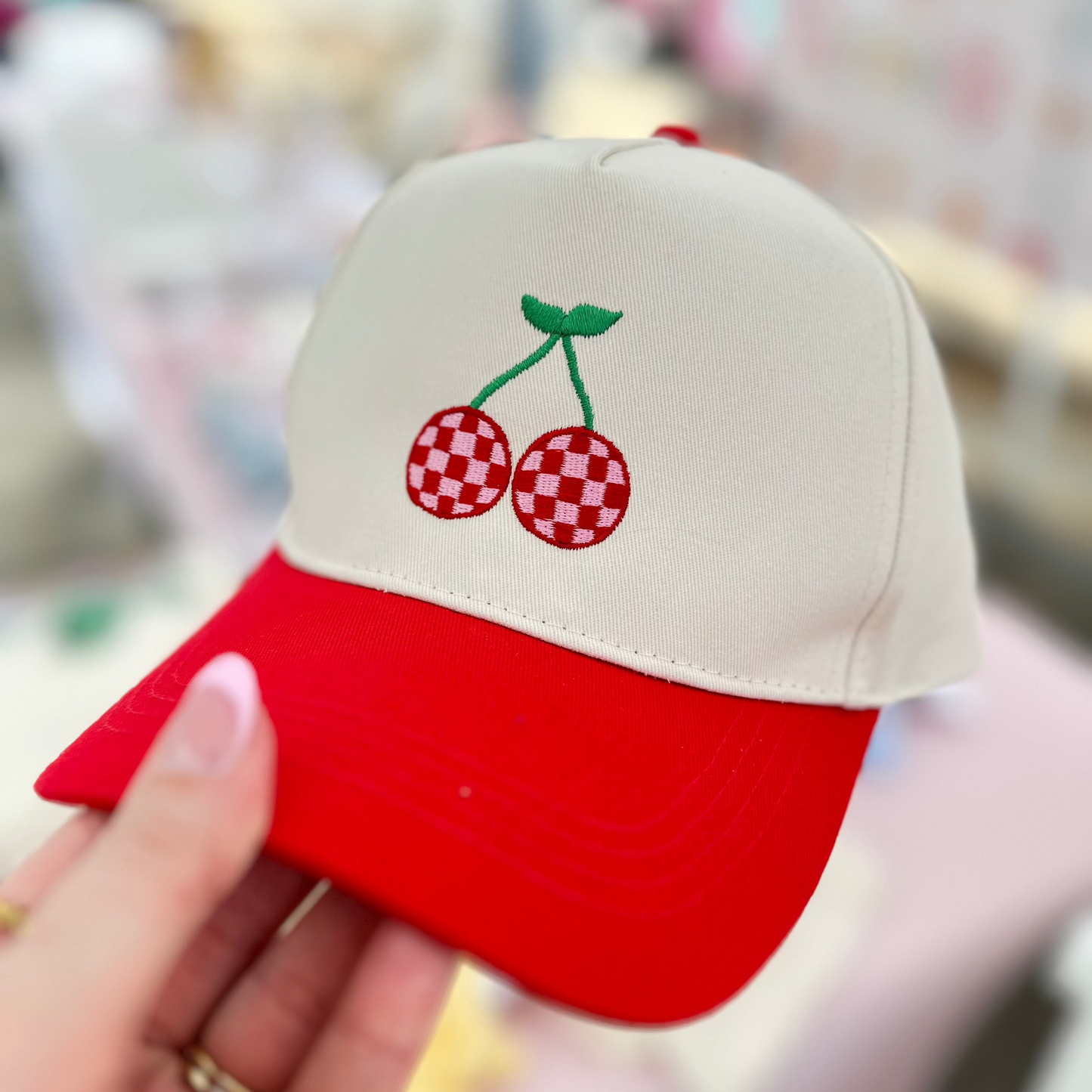 Checkered Cherry Embroidered Hat