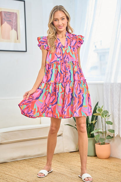 First Love Full Size Printed Ruffle Cap Sleeve Tiered Dress