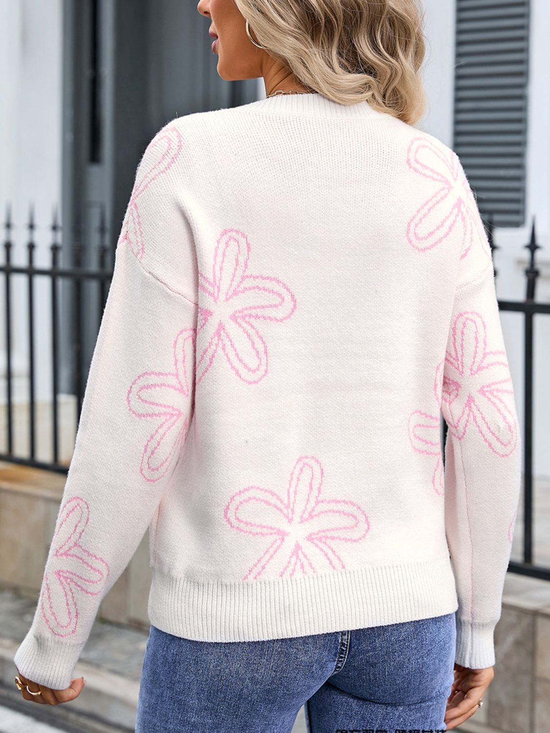 Flower Round Neck Dropped Shoulder Sweater