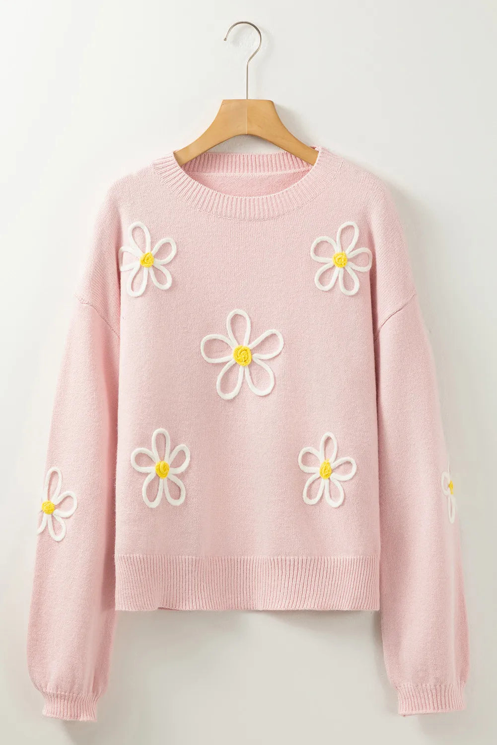 Flower Round Neck Dropped Shoulder Sweater