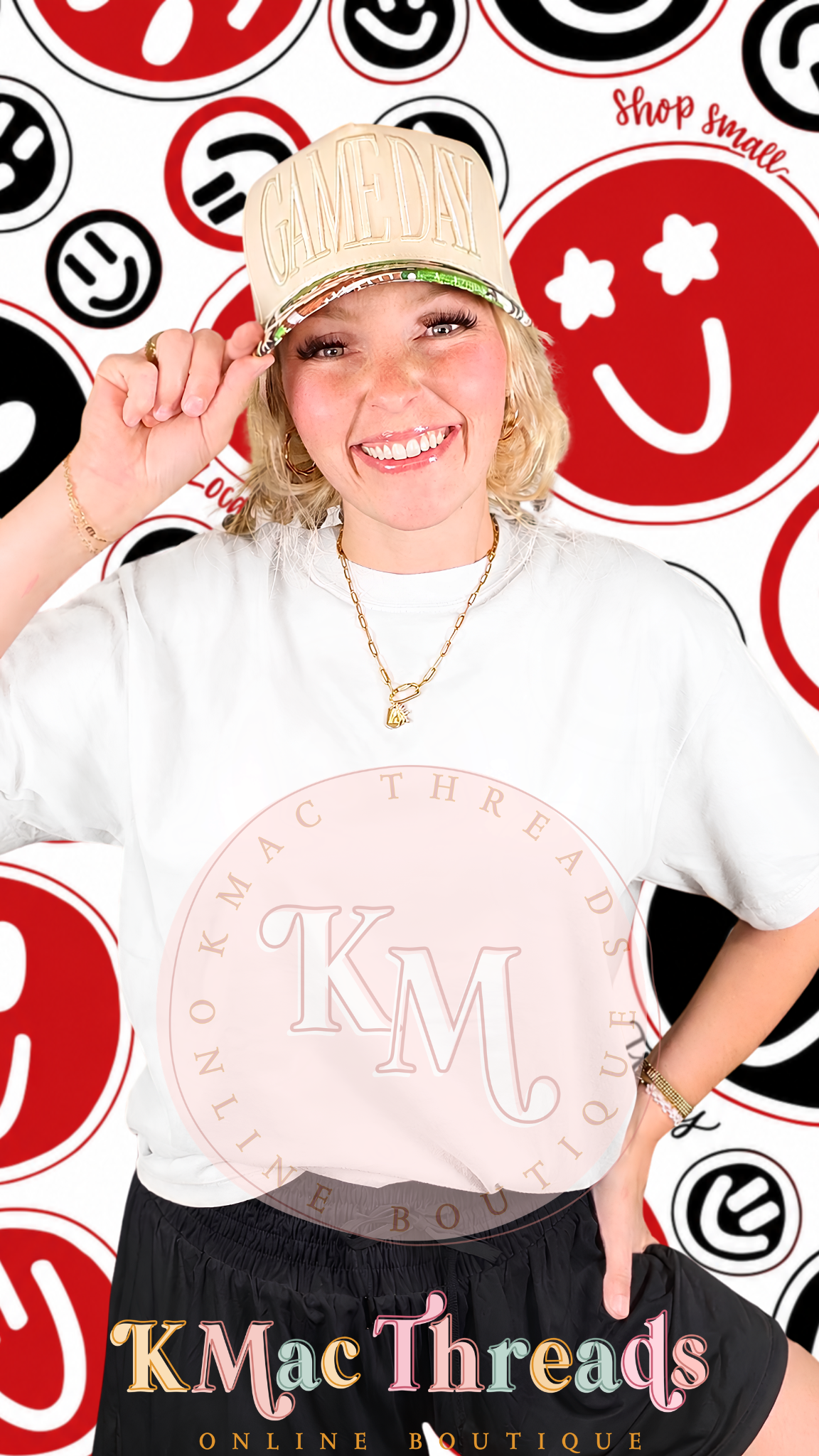 White Comfort Color Football Black & Red Smiley Story Mock