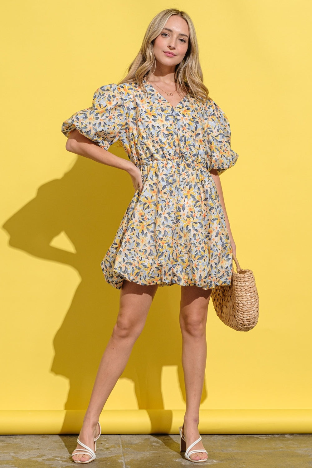 And The Why Full Size Floral Surplice Puff Sleeve Dress