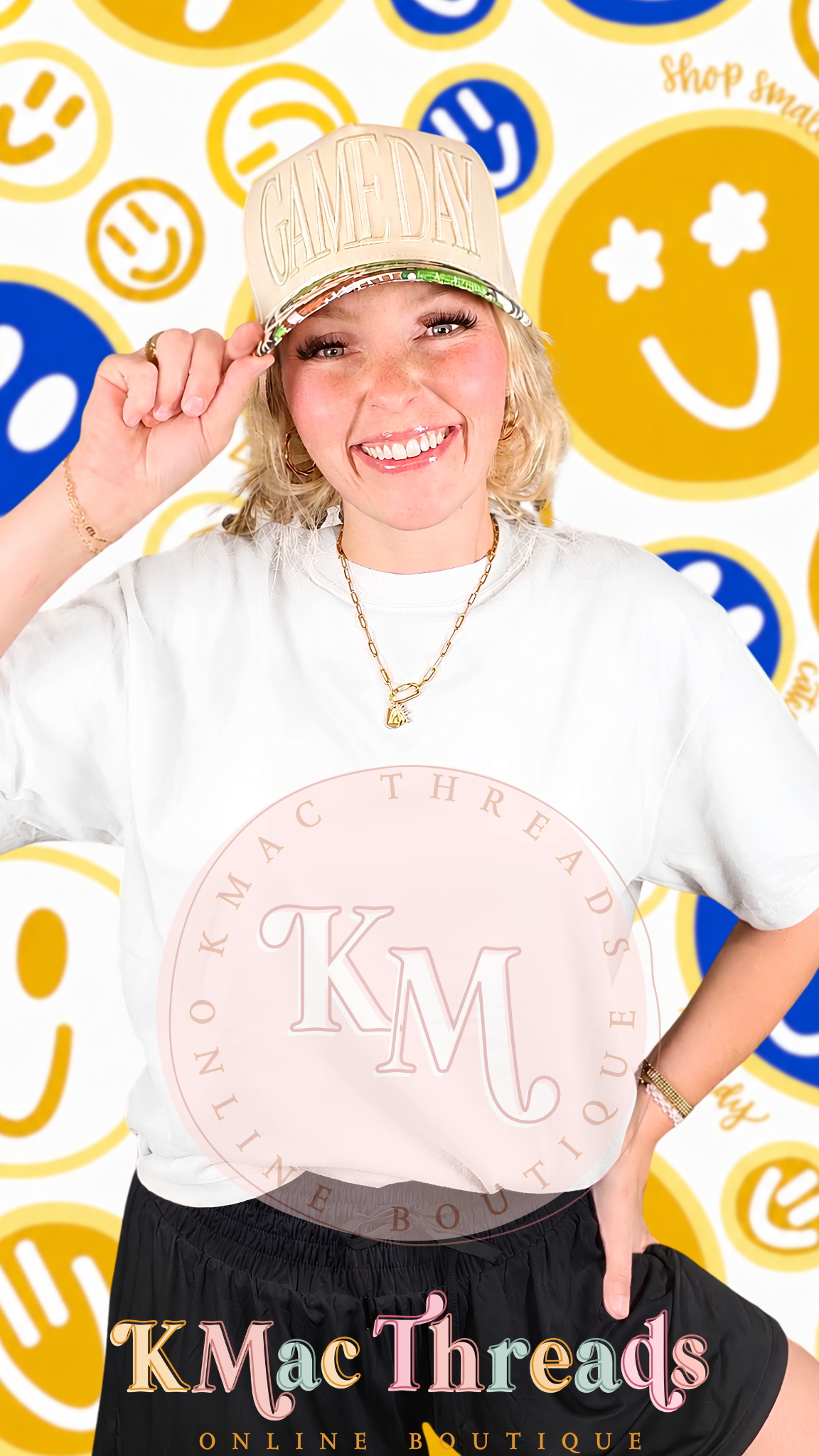 White Comfort Color Football Blue & Gold Smiley Story Mock