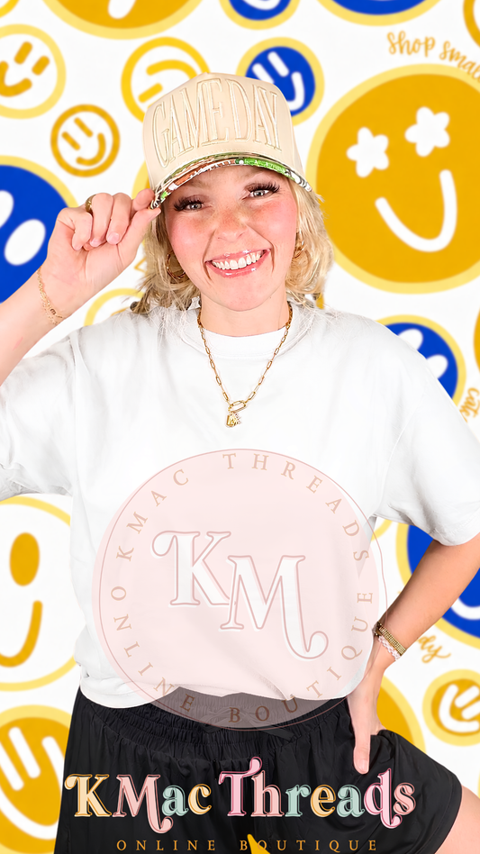 White Comfort Color Football Blue & Gold Smiley Story Mock