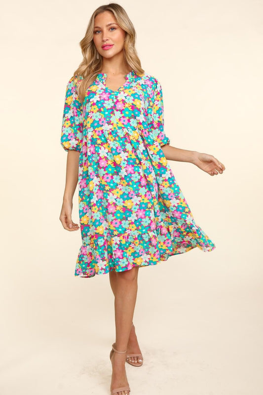 Haptics Bubble Sleeve Floral Ruffled Dress