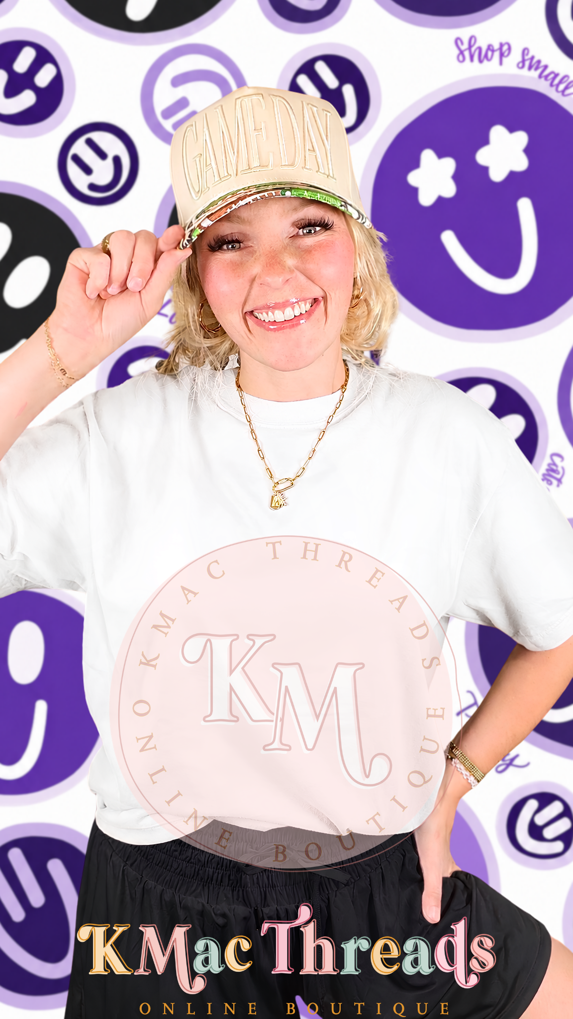 White Comfort Color Football Purple & Black Smiley Story Mock