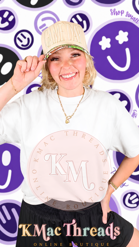 White Comfort Color Football Purple & Black Smiley Story Mock