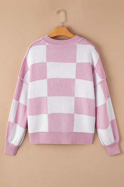 Checkered Exposed Seam Drooped Shoulder Sweater