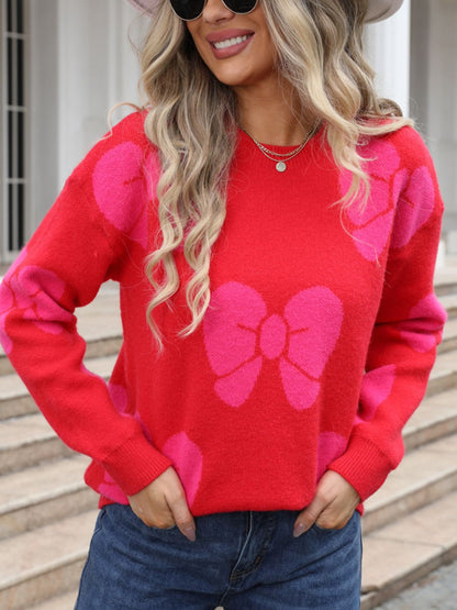 Bow Round Neck Dropped Shoulder Sweater