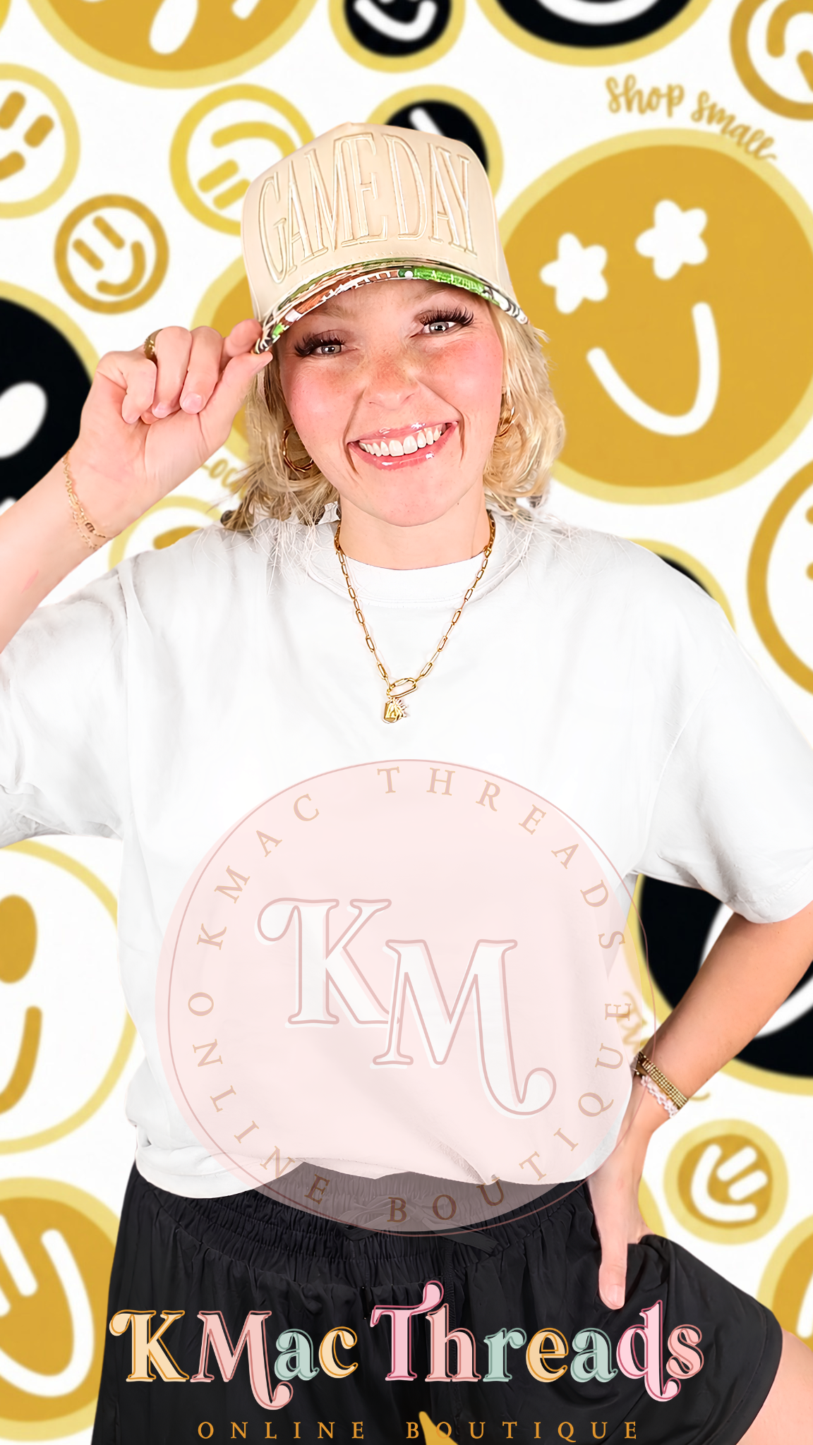 White Comfort Color Football Black & Gold Smiley Story Mock