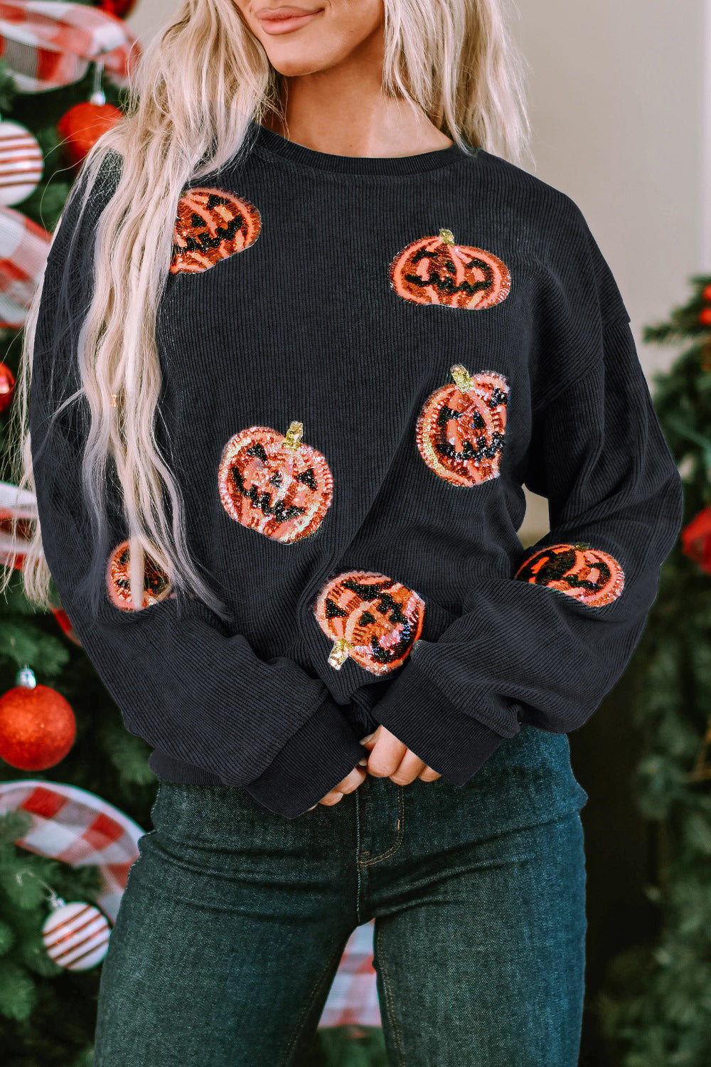 Sequin Patch Pumpkin Round Neck Sweatshirt