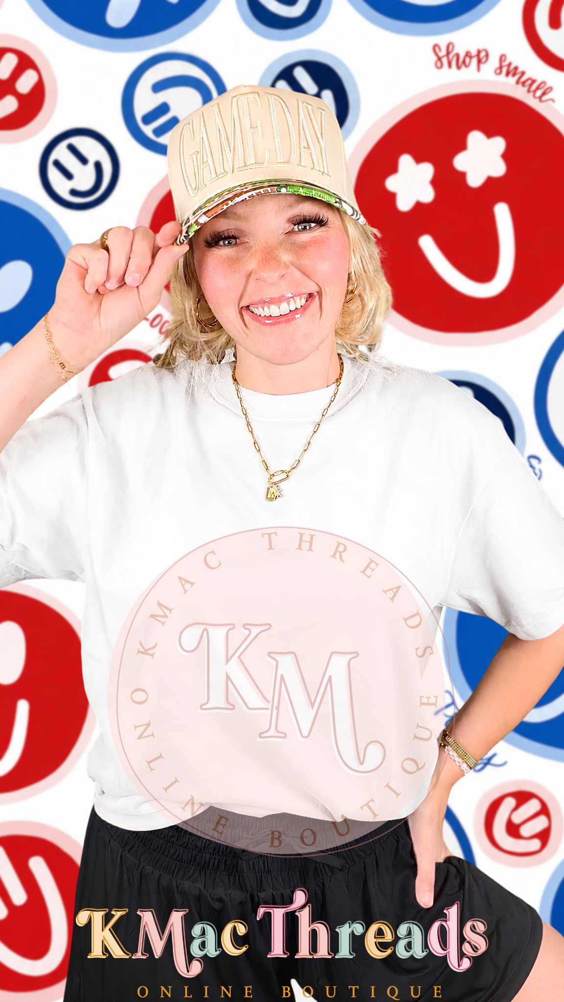 White Comfort Color Football Red & Blue Smiley Story Mock
