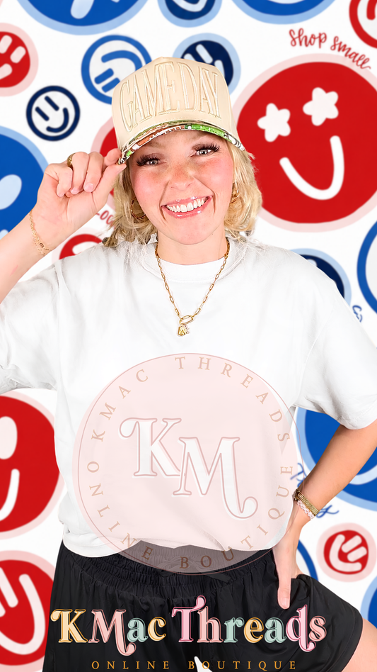White Comfort Color Football Red & Blue Smiley Story Mock