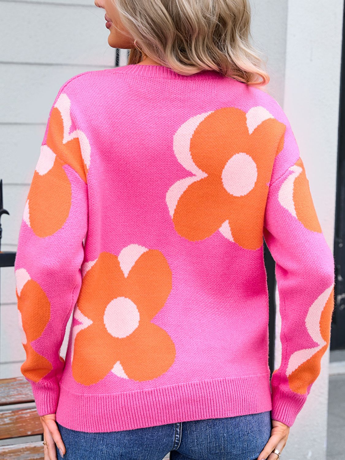 Flower Round Neck Long Sleeve Sweater