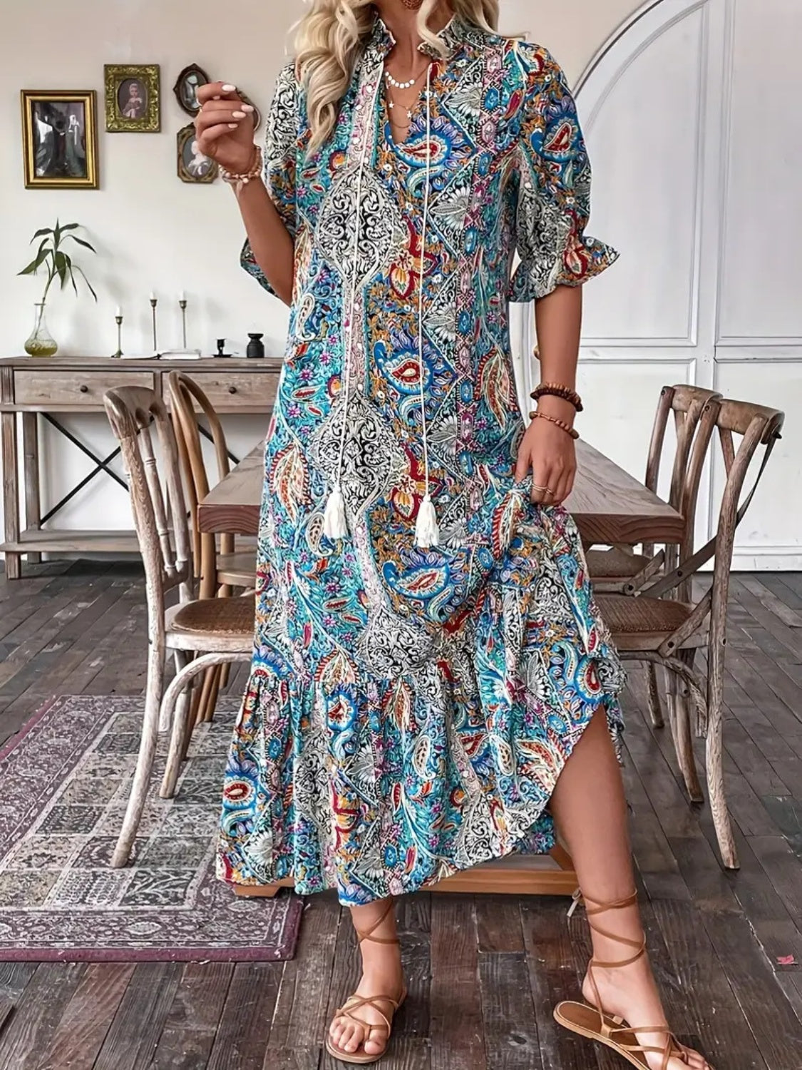 Printed Tie Neck Flounce Sleeve Midi Dress