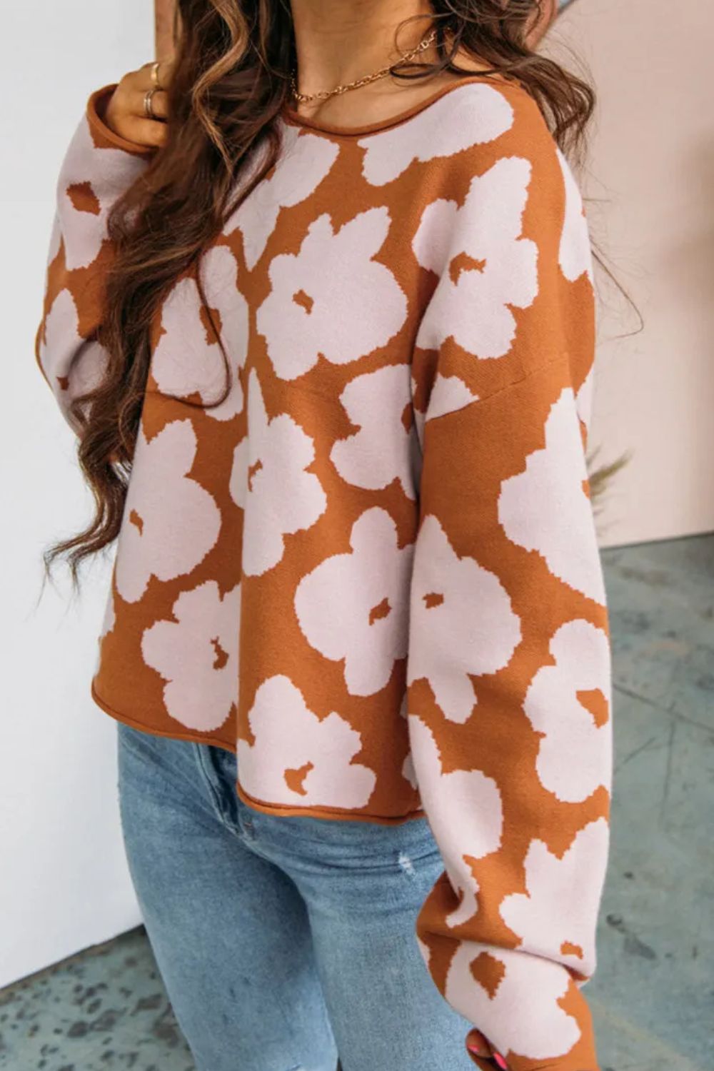 Flower Round Neck Long Sleeve Knit Top