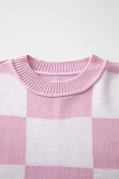 Checkered Exposed Seam Drooped Shoulder Sweater