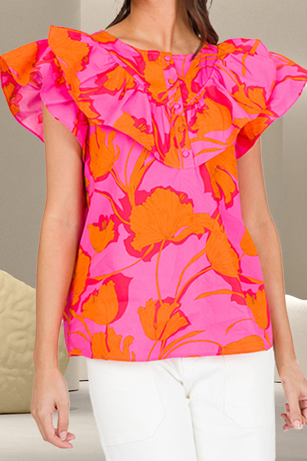 Ruffled Printed Round Neck Cap Sleeve Blouse