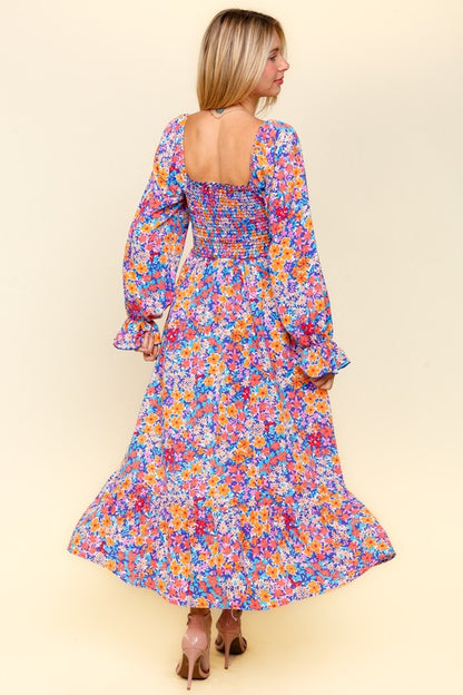 Haptics Smocked Floral Square Neck Flounce Sleeve Dress