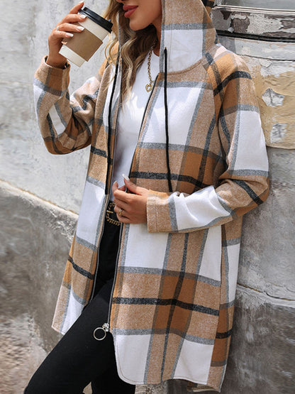 Drawstring Plaid Zip Up Long Sleeve Hooded Outerwear