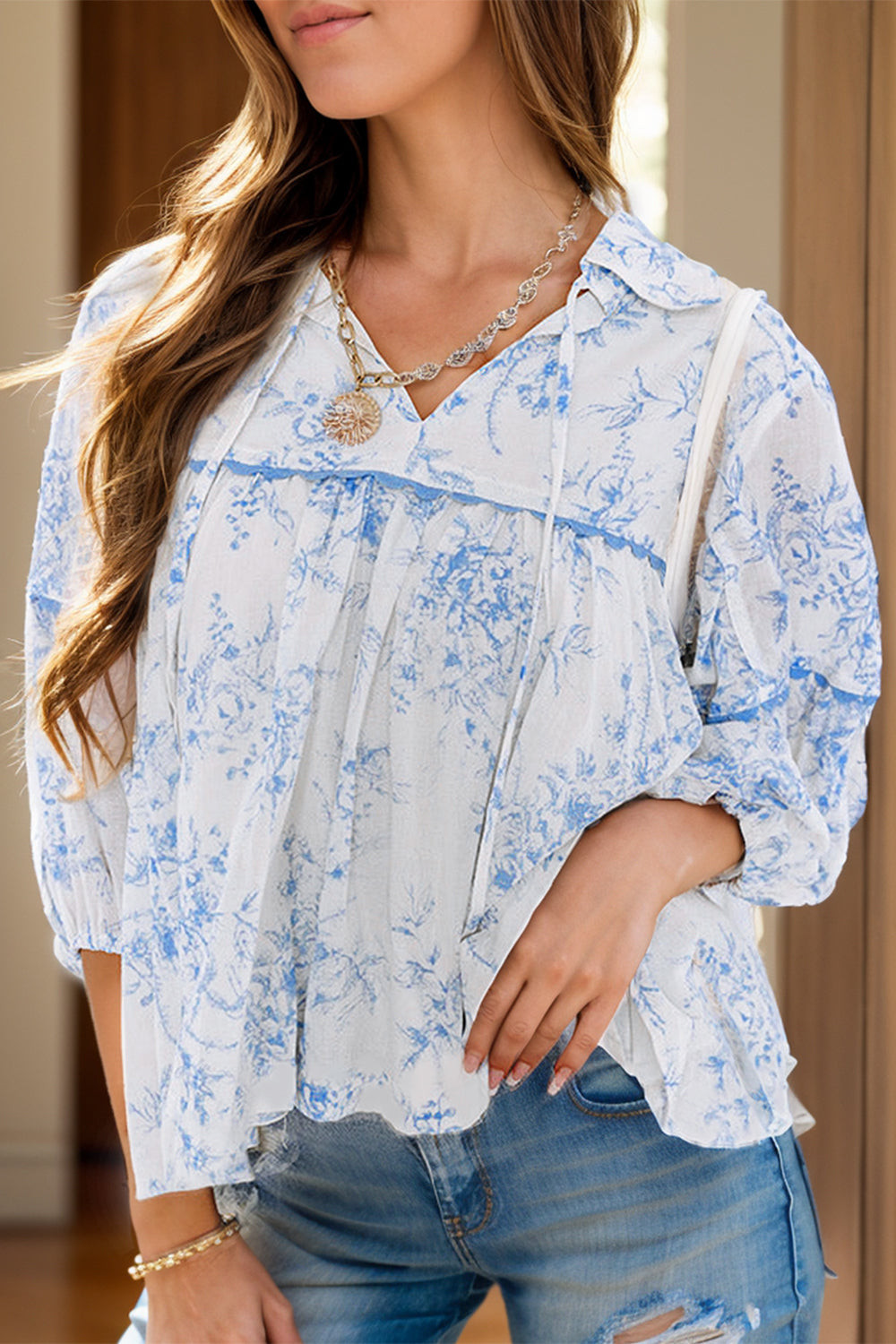 Printed Tie Neck Three-Quarter Sleeve Blouse