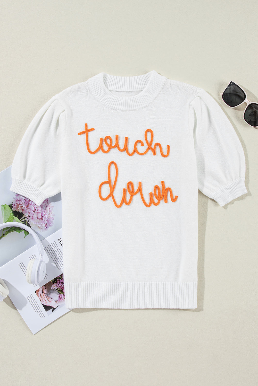 White Touchdown Tinsel Puff Short Sleeve Crew Neck Sweater