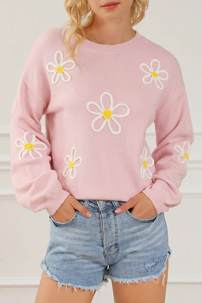 Flower Round Neck Dropped Shoulder Sweater