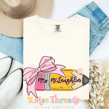 Pink Bow Pencil Tee With Name