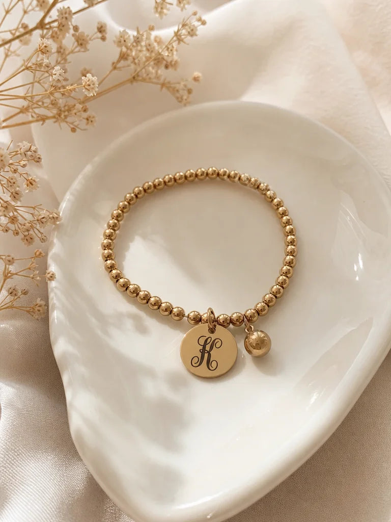 Engraved Beaded Stretch Bracelet With Charm