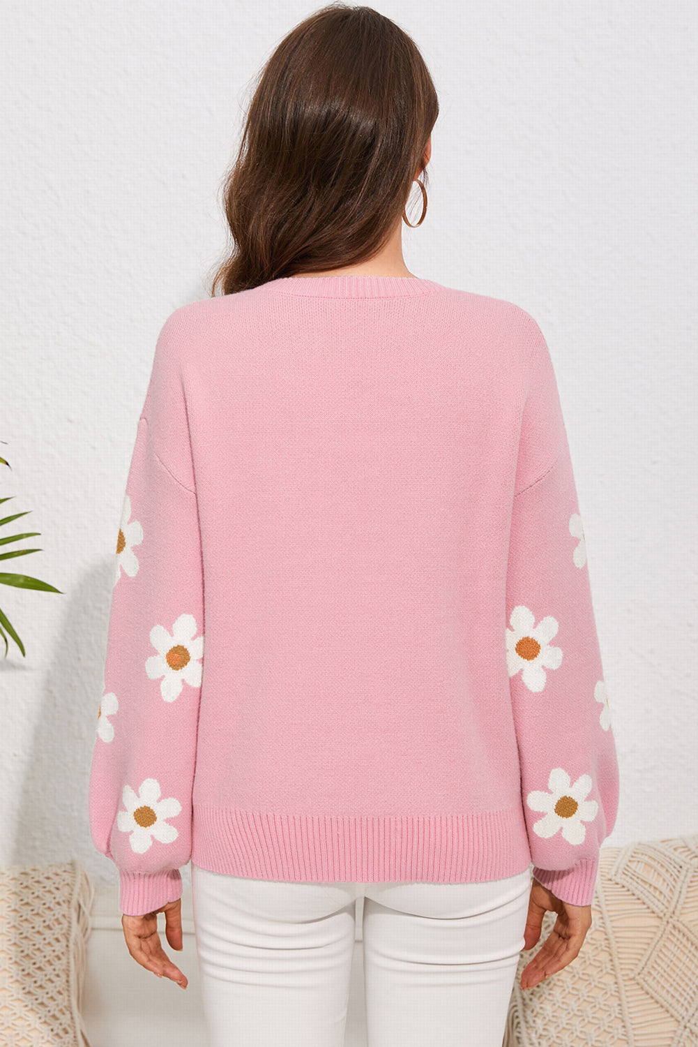 Flower Round Neck Dropped Shoulder Sweater