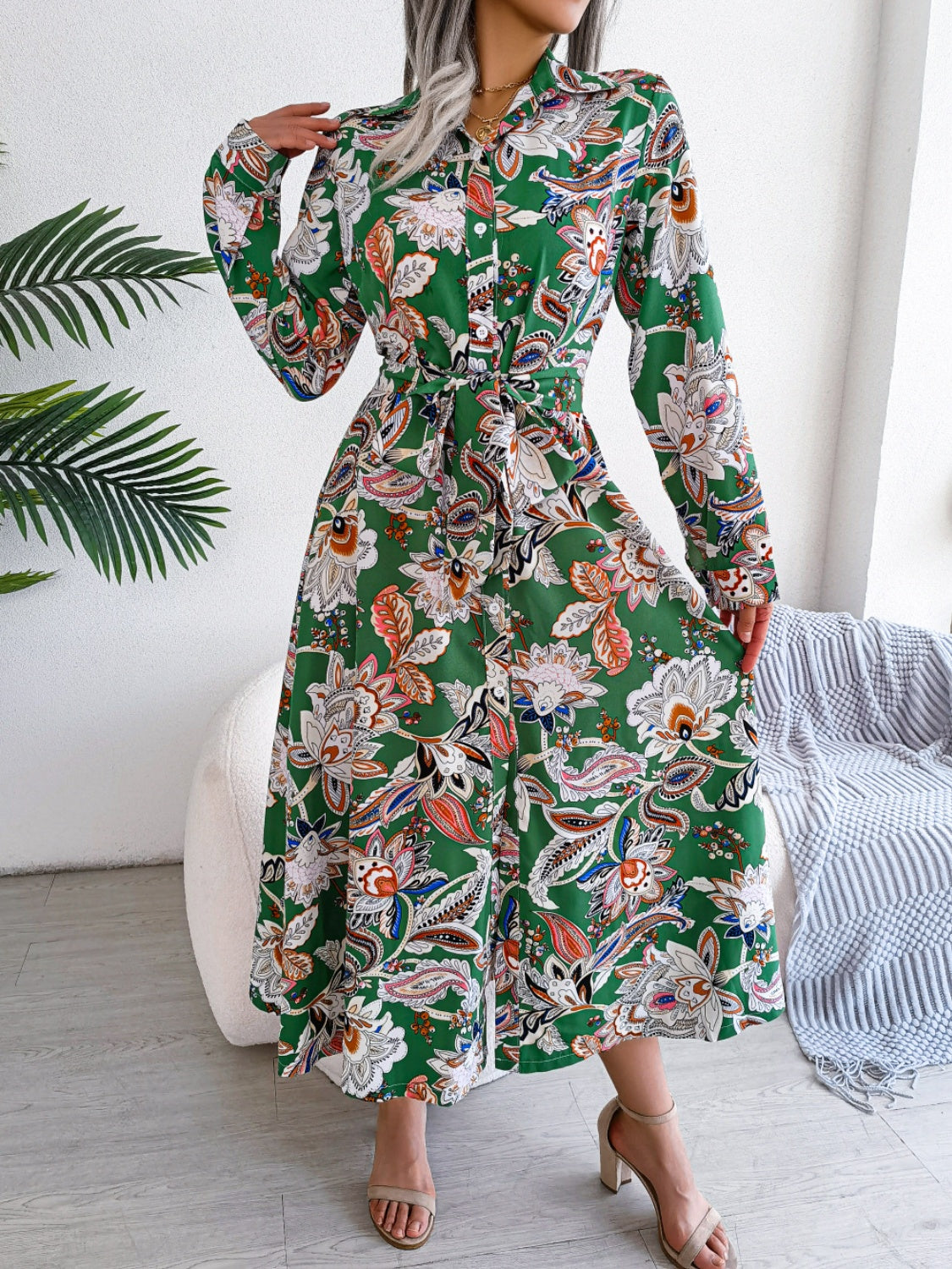 Tied Printed Long Sleeve Midi Dress