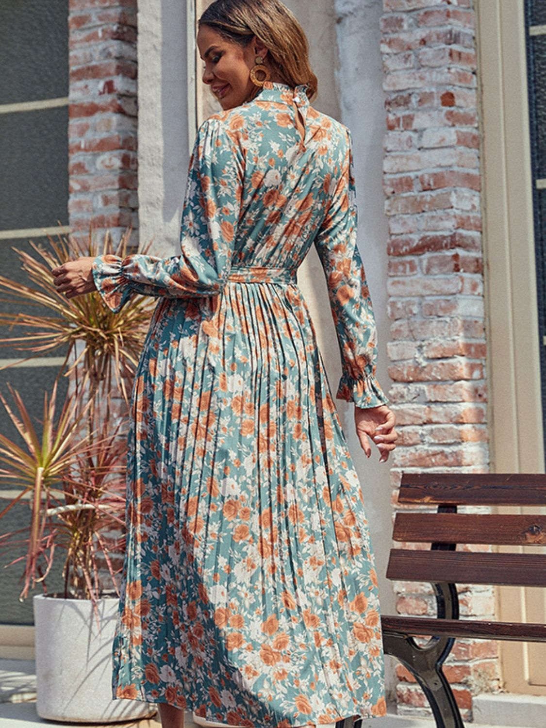 Perfee Tied Pleated Printed Mock Neck Long Sleeve Dress