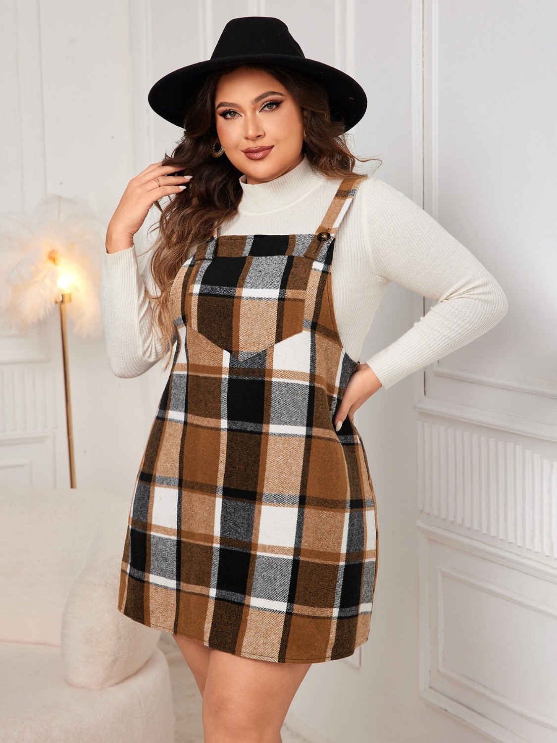 Plus Size Plaid Wide Strap Overall Dress