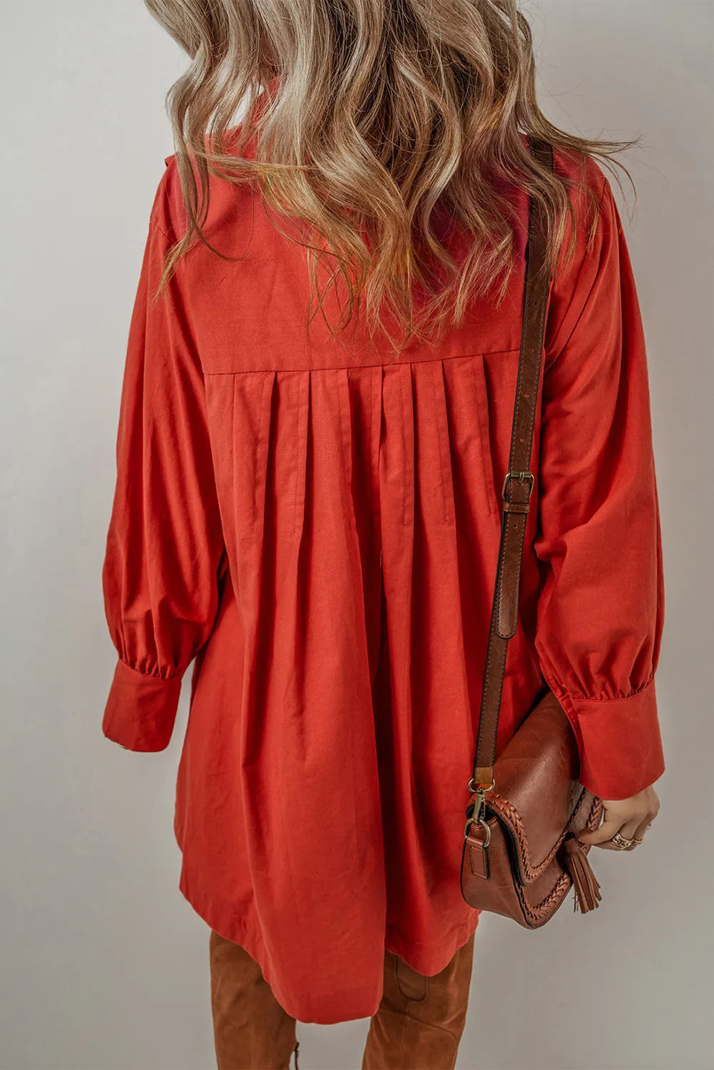 Pocketed Button Down Long Sleeve Shirt Dress