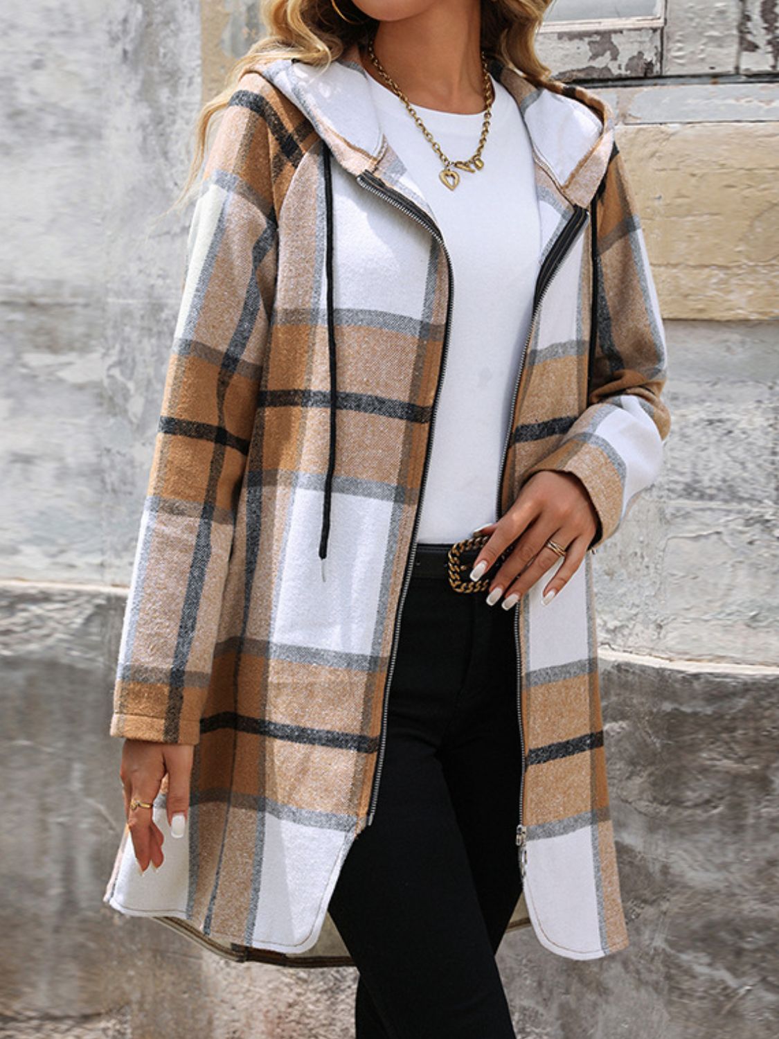 Drawstring Plaid Zip Up Long Sleeve Hooded Outerwear