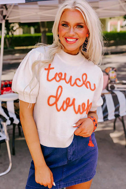 White Touchdown Tinsel Puff Short Sleeve Crew Neck Sweater