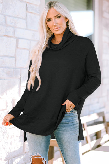 Cowl Neck Long Sleeve Slit Blouse