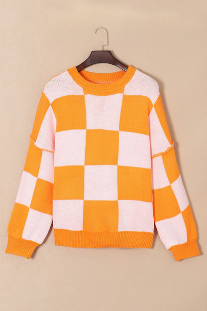 Checkered Exposed Seam Drooped Shoulder Sweater